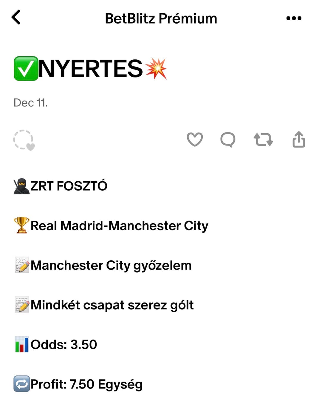 BetBlitz nyertes fogadási szelvény – 1. eredmény